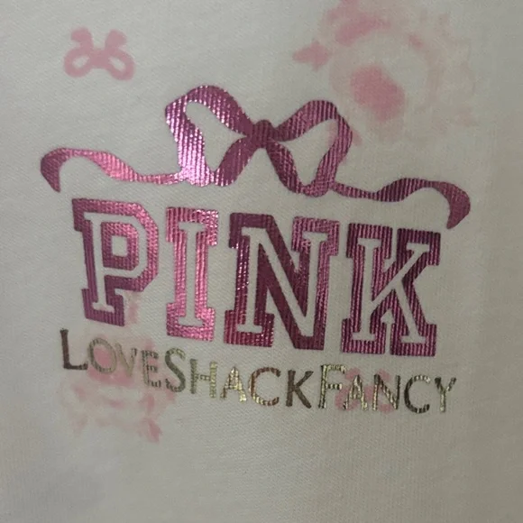 LoveShackFancy White Tee with Pink Metallic PINK Logo and Gold Accent - Picture 1 of 8